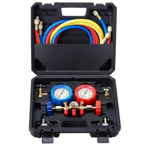 Three Way Car AC Manifold Gauge Set For R134A R22 R12 R502 With 5 Ft Hoses Couplers And Can Tap Freon Charging And Evacuation