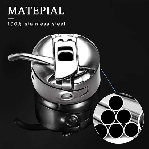 Sewing machine bobbin case, stainless steel, front view for front-loading 15-class machines