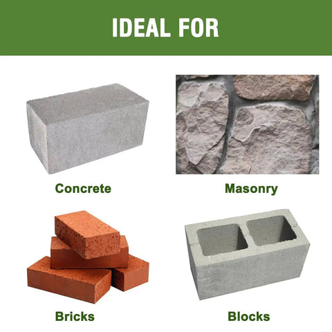 Image shows ideal surfaces for drilling with Five Eighths Inch Masonry Drill Bit For Concrete And Brick, including concrete, masonry, bricks, blocks.