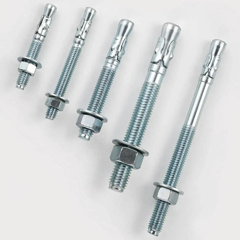 Five assorted zinc wedge anchors for concrete, different sizes, part of the Three Eighths By Four Inch Ten Piece Set Standard Fasteners