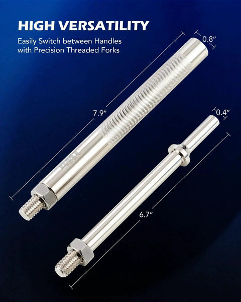 Close-up of handles from 5 Piece Pickle Fork Tool Set For Ball Joints Tie Rods And Pitman Arms, showing dimensions and knurling.