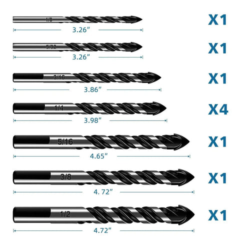 10-Piece Masonry Drill Bit Set for Concrete Tile Glass Ceramic Brick 1 Eighth to 1 Half Inch Heavy Duty Tungsten Carbide Alloy Tip