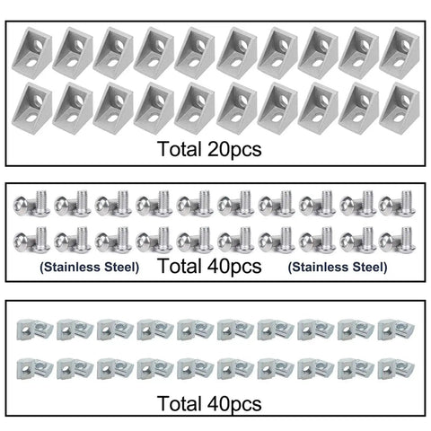 20 Sets 2020 Aluminum Extrusion T Slot Corner Brackets Kit With 40 M5 Bolts Nuts And 40 T Slot Nuts For 20X20 2040 80X20 Rails