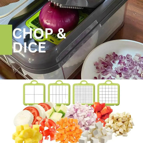 All In One Vegetable Chopper And Prep Station With 15 Functions And 10 Interchangeable Blades Including Mandoline Slicer Cheese Grater Egg Separator Built In Cutting Board And Storage Container For Effortless Meal Prep And A Real Time Saver chopping onion with dicing blade and various diced vegetables.