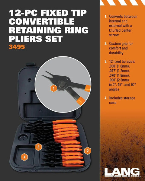 12-Piece Fixed Tip Internal And External Snap Ring Pliers Set with case, 0.038 0.047 0.070 0.090 inch tips, straight, 45 and 90 degree angles