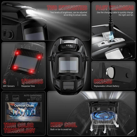 Auto Darkening Welding Helmet With Built In Fan And LED Light, Solar Powered Welder Mask With Four Arc Sensors, True Color Lens