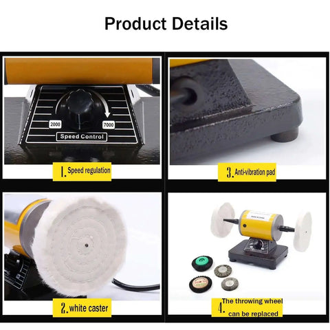 Close-up of Pro Grade Jewelry Polisher Bench Buffer Grinder Mini Buffing Tool showing speed control and accessories.