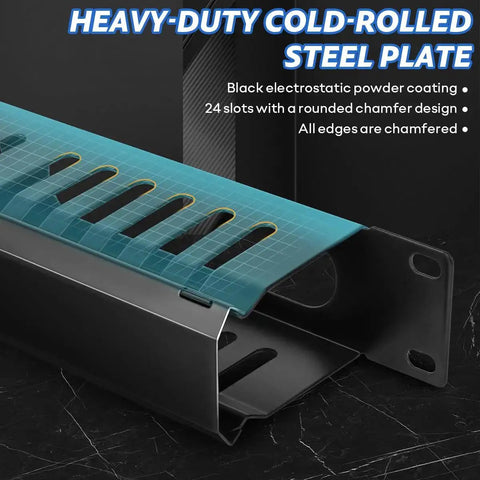 Close-up of black heavy-duty cold-rolled steel 24-slot raceway, part of Four Pack 19 Inch 1U Server Rack Cable Management Kit.