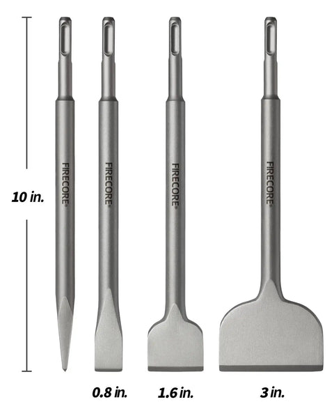 Alloy Steel 4 Piece SDS Plus Chisel Set For Demolition And Tile Removal Includes Point 10 Inch Flat 0.8 Inch Wide 10 Inch Scaling 1.6 Inch Wide 10 Inch Tile 3 Inch Wide 10 Inch Firecore Compatible For Rotary Hammer Drills
