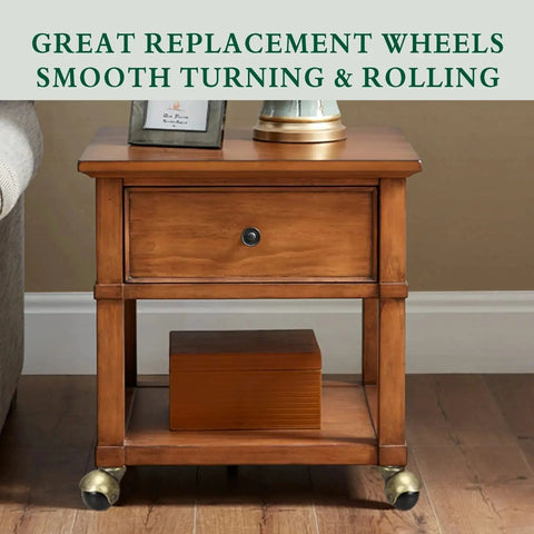 Wooden side table with Antique Brass 1.5 Inch Caster Wheels Set Of 4 With Swivel Top Plate Vintage Ball Casters, carpet friendly.