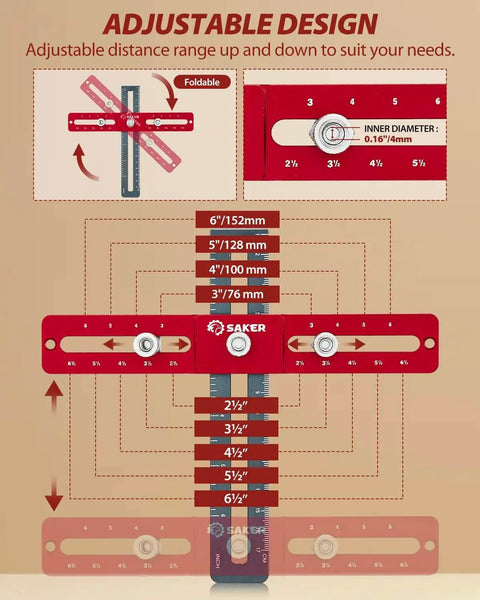 Image of an adjustable design diagram for the Cabinet Hardware Doweling Jig For Knobs And Pulls with size measurements in inches.