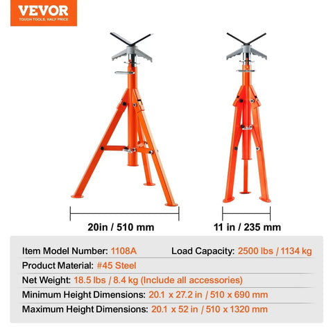 Heavy Duty Pipe Jack Stand 2500 Lbs Adjustable 27 to 52 Inches made of steel, front and side view with specifications.