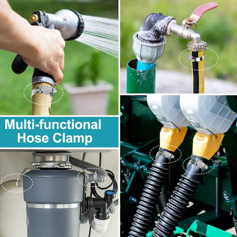 10 Piece Stainless Steel Hose Clamp Set Adjustable Worm Gear Clamps One And A Half Inch To Two And A Half Inch in use on hoses.