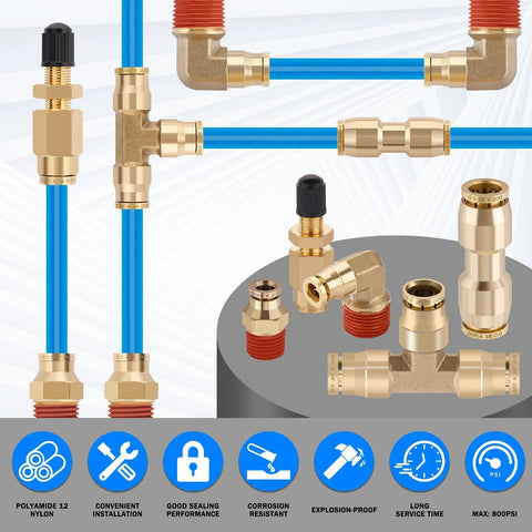 CheeMuii 76-pc brass DOT air-line fittings kit with blue 1/4 in and 3/8 in tubing, push-lock quick-connect set