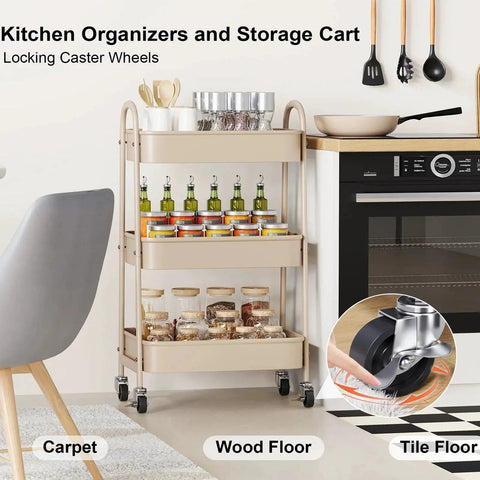 Beige 3 Tier Rolling Cart With Metal On Wheels in kitchen, holding jars and bottles, next to oven and table.