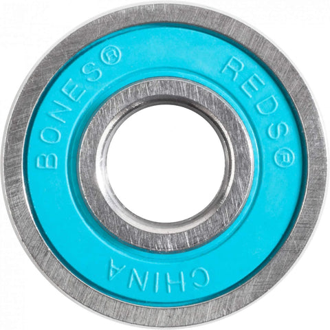 Bones Reds skateboard bearing, turquoise blue inner race with silver metal outer ring