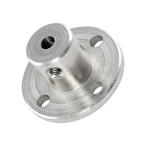 Metal flange coupling with four mounting holes on a round flange and a cylindrical hub with a threaded bore.
