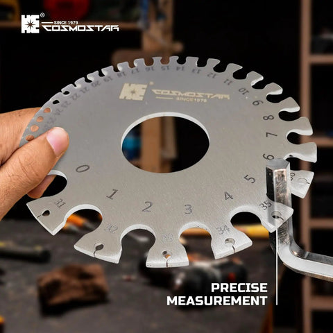 Precision Welding Gauge Set For Dead On Wire And Sheet Thickness 25 To 3000 Um Wet Film Comb And Dual Sided Round Wire Cable Gauge Stainless Steel Two Pack By Cosmostar held in hand for precise measurement.