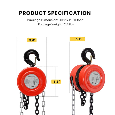 Hand Chain Hoist 1 Ton 2000 Lb Capacity 10 Ft Lift With 2 Heavy Duty Hooks, product dimensions and specifications shown.