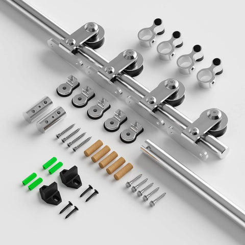 Stainless Steel Sliding Door Hardware Kit For Top Mount Wooden Doors, J Style, 6 Ft Rail System, Fits 18 Inch Wide Door Panel