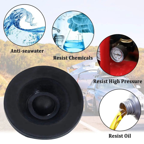 Trailer Hub Cap Rubber Plugs 20 Pack 1.98 Inch Dust Caps For Trailer Axle Bearing Grease Cover Fits Most 2000 To 3500 Pound Axles EZ Lube And Standard 4 Lug And 5 Lug Axles Durable Weatherproof Replacement To Keep Bearings Clean And Shield From Dirt On with illustrations showing resistance to seawater, chemicals, high pressure, and oil.