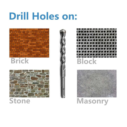 10 Pack 5/32 Inch SDS Plus Rotary Hammer Drill Bits Set, Carbide Tipped, shown with brick, block, stone, masonry surfaces