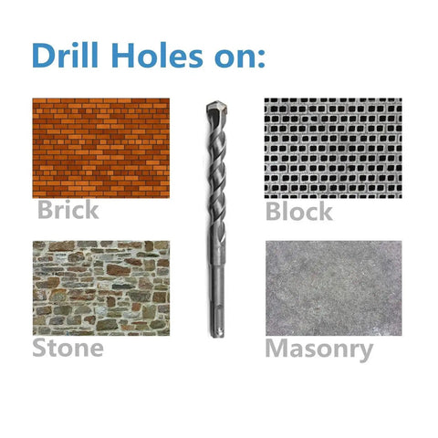 25 Pack 3/16 Inch By 6 Inch SDS Plus Masonry Drill Bit Set with carbide tipped bits shown with brick, block, stone, masonry surfaces.