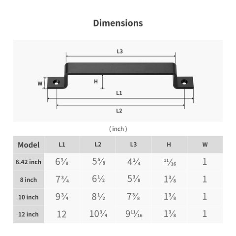 Dimensions diagram of Black 6.42 Inch Barn Door Handle Set Pack 2 Built Tough for Sliding Doors Cabinets Closets Drawers.