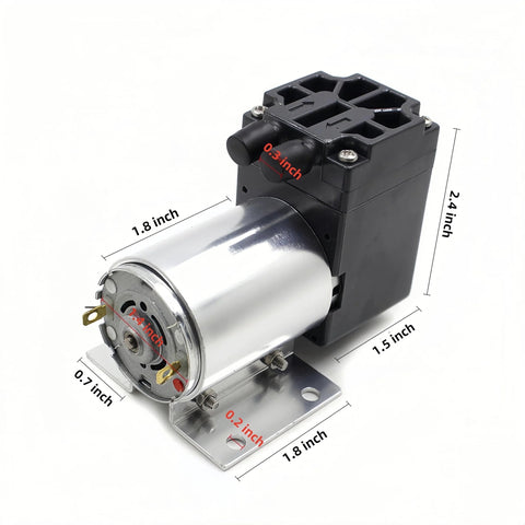 DC 12V oil-free vacuum pump with silver cylindrical motor and black control block on a metal base.