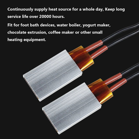 PTC plate heater, 2 pcs, angled front view; aluminum shell, orange ceramic insulation, black leads