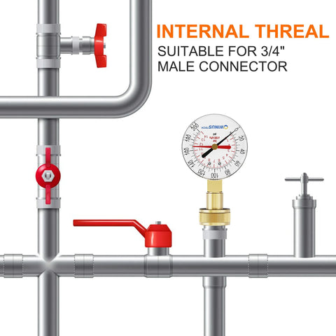 Water pressure gauge with 2.5-inch dial mounted on stainless steel pipe with brass adapter and red valve handles