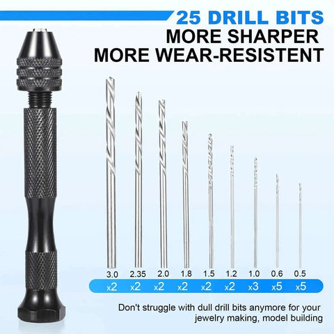 26 Piece Micro Drill Bit Set With Pin Vise Hand Drill for Jewelry Making Resin Beads, featuring precision HSS bits from 0.5mm to 3.0mm.