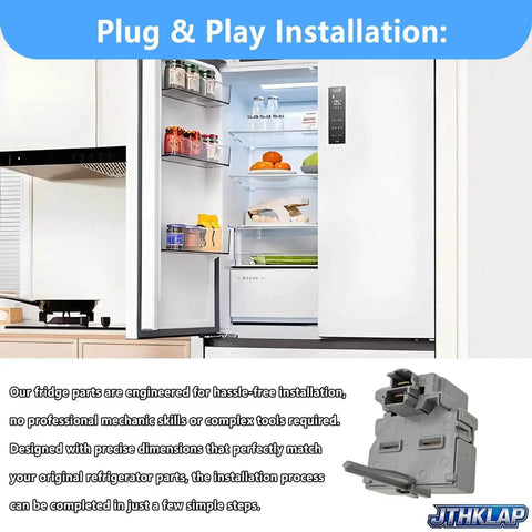 Universal Refrigerator Start Relay And Overload Protector For 1 Quarter Inch Terminal Models shown with open fridge and easy install.