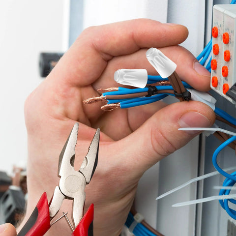 36-piece ceramic wire connectors set with porcelain twist caps for 18-8 AWG wires; white caps, blue and brown conductors