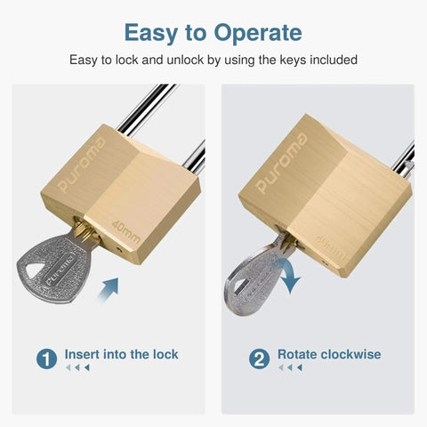 Keyed Padlock Waterproof Solid Brass Lock 2.6 Inch With Keys shown in easy-to-operate steps, insert and rotate key to lock/unlock.