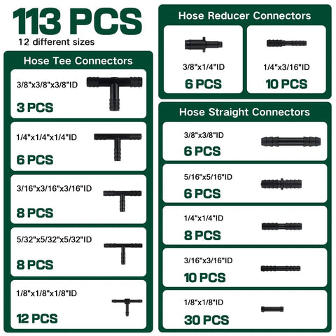 Garage-Ready Car Vacuum Hose Kit Set With 6 Five-Foot Hoses And 113 Connectors, showing different types and sizes of connectors.