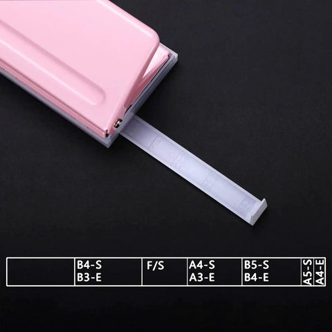 Adjustable 6 Hole Punch For Planners And Binders, durable metal puncher with pink finish, fits notebooks, A4 to pocket size gauge visible