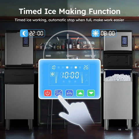Commercial Ice Machine Delivers 850 Lbs Per Day, 460 Lbs Ice Storage, Heavy Duty Ice Maker with digital timer display.