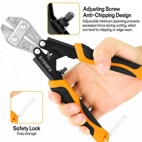 Hand holding 8 Inch Portable Mini Bolt Cutter With Spring Loaded Action And Anti Slip Handle, ideal for DIY and cable work