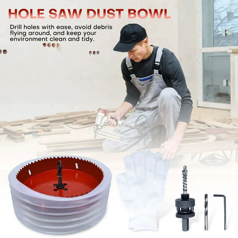 Pro Grade Four Inch Hole Saw Kit For Recessed Lighting With Dust Bowl Catcher Bi Metal Cutter For LED And Drywall Wood And Metal Includes Arbor Replacement Drill Bit Hex Key And Gloves DIY Friendly, showing kit contents in use.