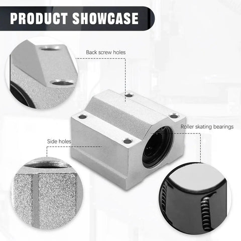 SCS6UU 4 Pack Linear Motion Ball Bearing Block 6mm ID, 25mm Length, Aluminum Housing, M4 Mount, showcasing product features