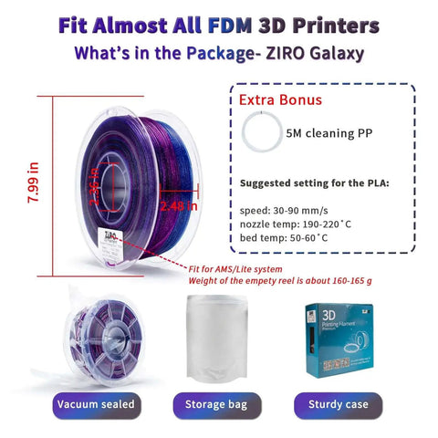 Package contents of Fast Color Changing Twinkling Glitter PLA Filament 1.75mm 1kg Spool with accessories.