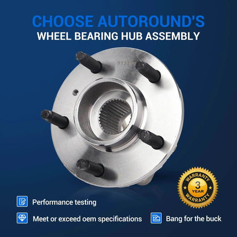 513179 Wheel Hub Bearing Assembly For Chevrolet Impala Buick Century Park Avenue Lacrosse Cadillac Seville DeVille Oldsmobile Intrigue 5 Lug ABS Front Rear Compatible 2 Pack shown with warranty badge and specs.