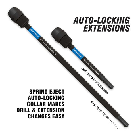 Two 12 Inch Dual Hex Eight And Hex Ten Locking Hole Saw Extension Chucks for power drills, spin on mount, black extensions.
