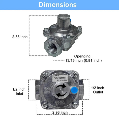 Dimensions of Dual Fuel Gas Regulator For Natural Gas And LPG Convertible, 1/2 Inch NPT Inlet, 5 To 10 Inch Water Column Outlet