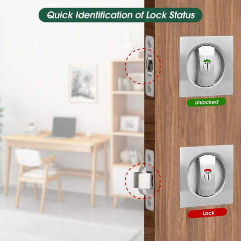 Keyless Privacy Pocket Door Lock With Visual Indicator For Bedroom And Bathroom Sliding Doors Square Handle Rust Proof Zinc Alloy Hardware For Interior Doors Easy Install And Smooth Quiet Operation photographed on a wooden sliding door with visible lock status indicators