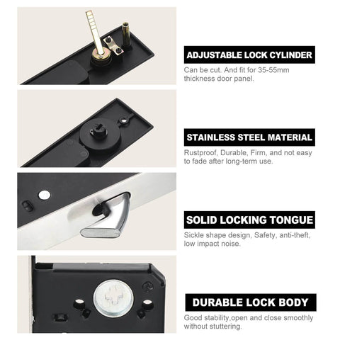 Invisible Recessed Pocket Door Lock With Handle Sliding Barn Door Latch Kit With Keys Black Finish Fits 35 To 55 Millimeter Thick Doors Easy Install And Durable Mortise Lock For Home Closet And Furniture Hardware showing adjustable lock cylinder, stainless steel material, solid locking tongue, and durable lock body.