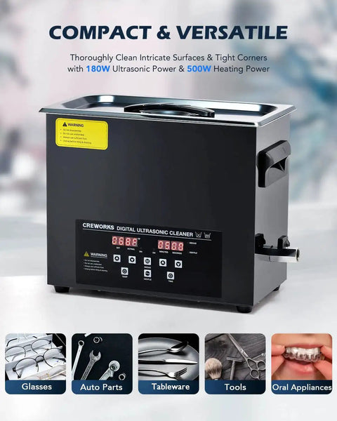 6L Ultrasonic Cleaner with Degas, Heater, Digital Control, 180W Power for Jewelry, Dentures, Tools, and Auto Parts