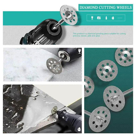 Diamond cutting wheels from 32 Piece Rotary Tool Accessories Kit Dremel Compatible with Cutting Wheels and Discs for Wood and Metal DIY Projects.
