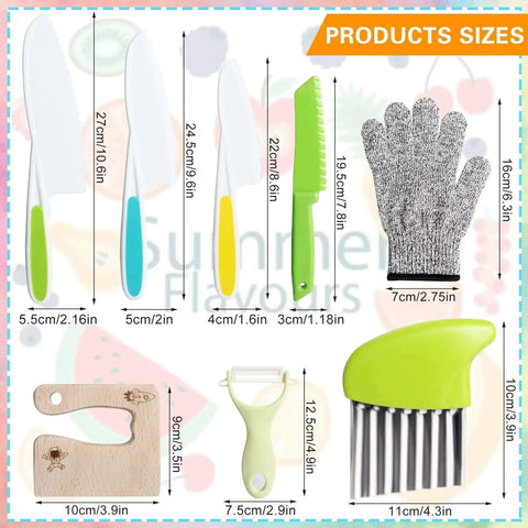 8 Piece Wooden Kids Kitchen Knife Set For Real Cooking Including 4 Plastic Toddler Safe Knives Crinkle Cutter Y Peeler Cutting Board Resistant Gloves And More For Veggies Fruit Bread And Cake with product sizes